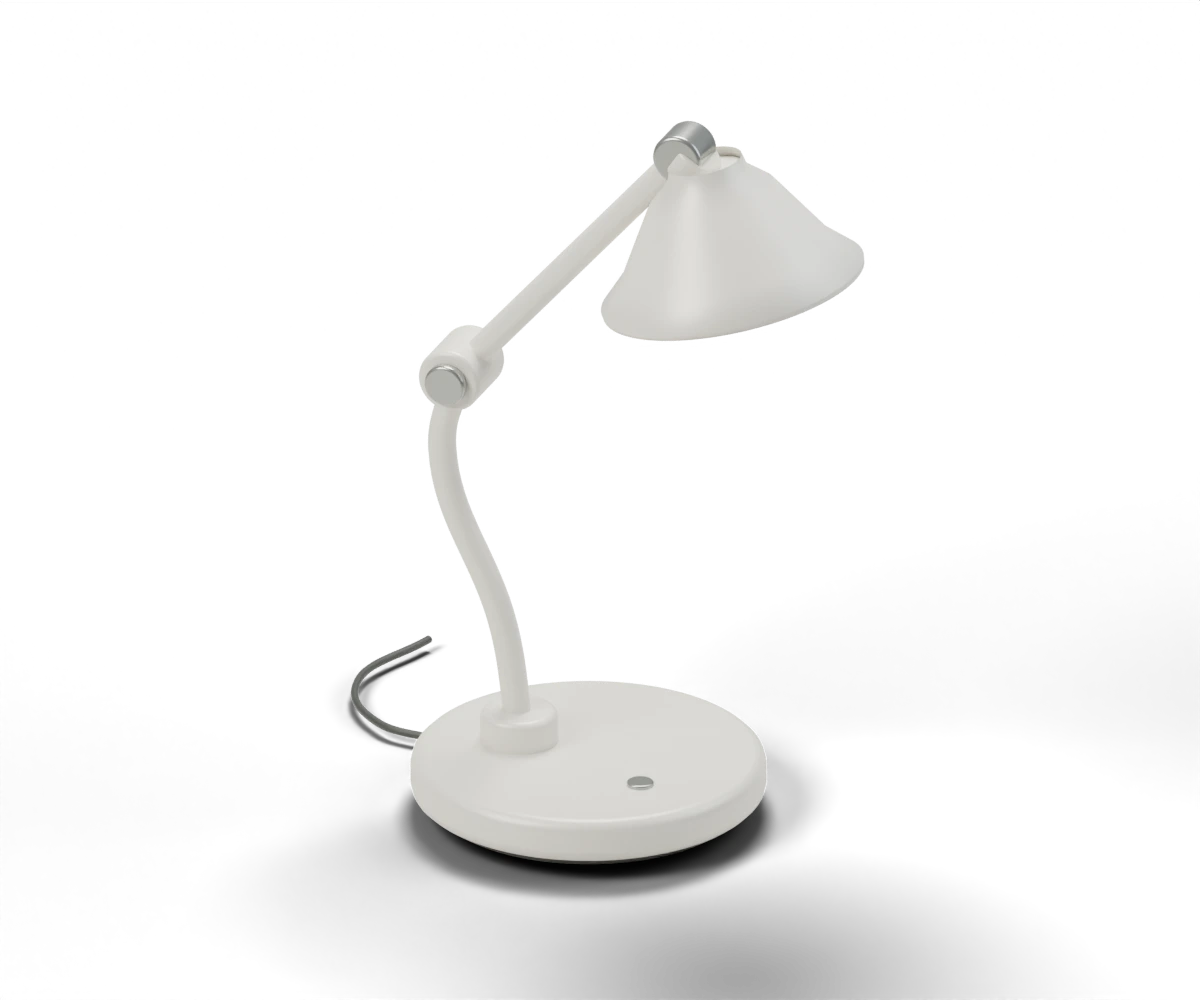 Our original Arc 01 lamp model, with a sculpted shade and an angled arm